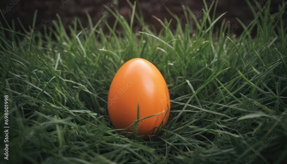 a close up of an orange egg in a grassy area with a brick wall in the background and green grass on the other side of the egg is in the foreground. a close up of an orange egg in a grassy area with a brick wall in the background and green grass on the other side of the egg is in the foreground.