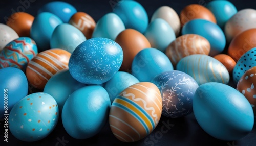 a pile of blue, orange, and white easter eggs sitting on top of each other on top of a black surface with speckled paint splats on them.