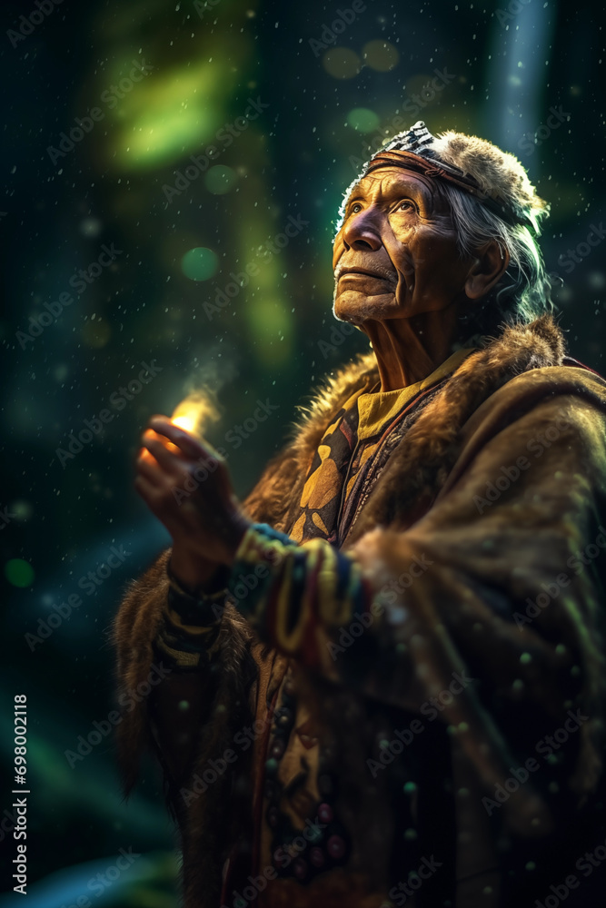 a native spirit guide beneath the enchanting glow of a will-o'-wisp