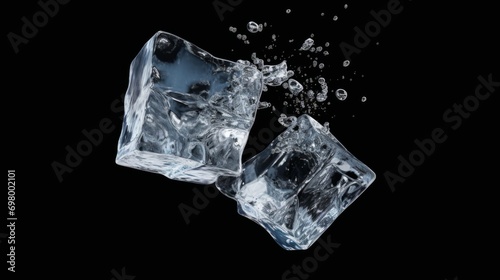 Falling ice cubes on a black background. Frozen water.