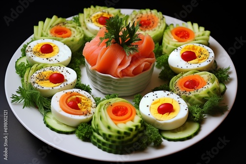 Healthy appetizer set with egg, salmon 