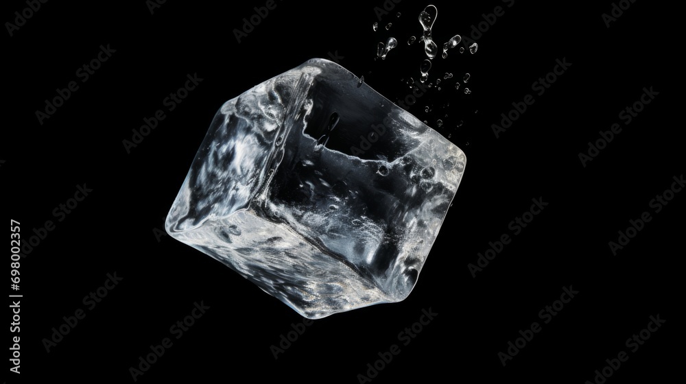 Falling ice cube on a black background. Frozen water. Falling ice cube on a black background. Frozen water.