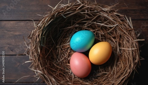  three eggs sitting in a nest on top of a wooden table next to a blue and yellow egg in the center of the nest is a light blue and brown egg.