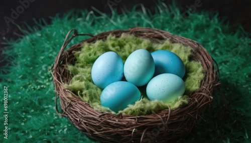  a basket filled with blue eggs sitting on top of a green grass covered field on top of a lush green grass covered field next to a green grass covered field.