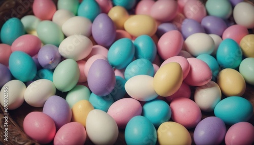  a basket filled with lots of pastel colored chocolate eggs on top of a wooden table next to a basket of chocolate eggs on top of some sort of some sort. © Jevjenijs