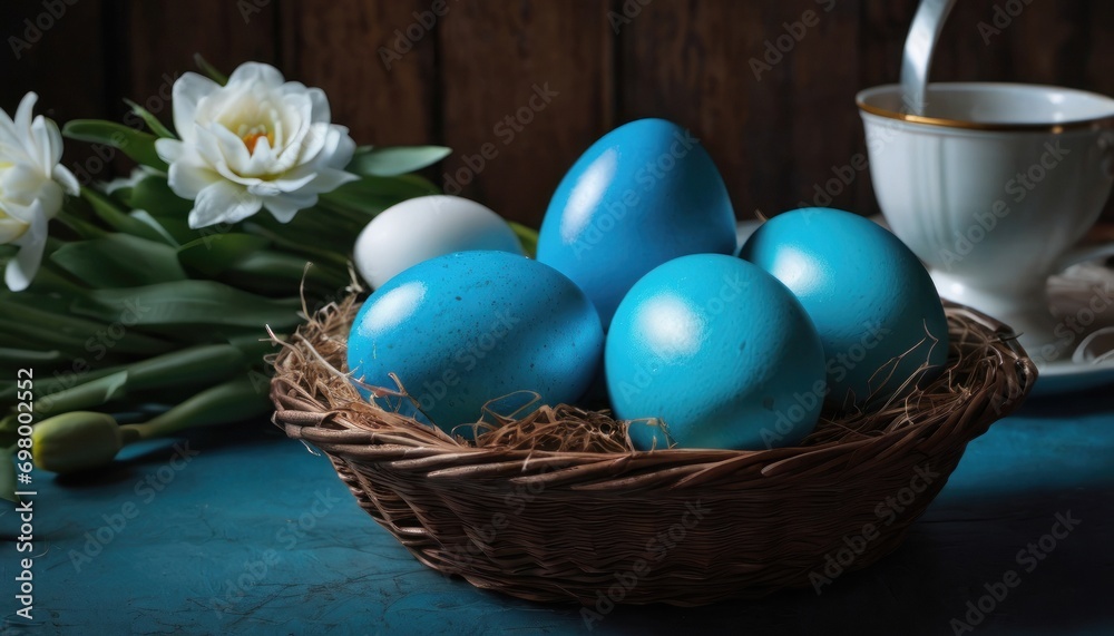 a basket of blue eggs sitting on a table next to a cup of coffee and a vase with white flowers and a white tulip on a blue table cloth. a basket of blue eggs sitting on a table next to a cup of coffee and a vase with white flowers and a white tulip on a blue table cloth.