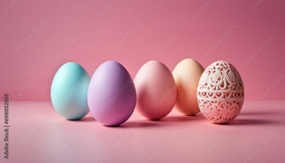  a row of colored eggs sitting on top of a pink counter top next to an egg cup with a lace design on the side of the egg, on a pink background.