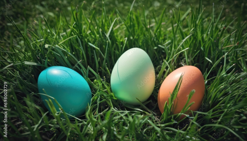  three eggs are sitting in the grass with one blue and one orange egg in the middle of the grass and one orange egg in the middle of the eggs is in the grass.