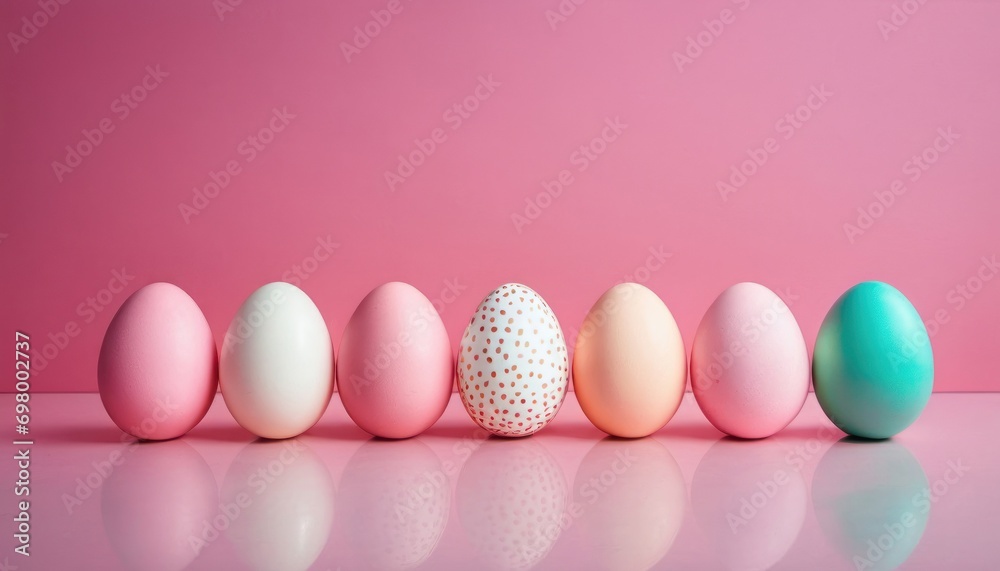  a row of pastel colored eggs on a pink background with a reflection of the eggs in the foreground and the rest of the eggs in the foreground.