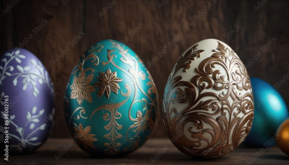 a group of three decorated eggs sitting next to each other on top of a wooden table next to an orange and a blue and gold egg on a wooden table. a group of three decorated eggs sitting next to each other on top of a wooden table next to an orange and a blue and gold egg on a wooden table.