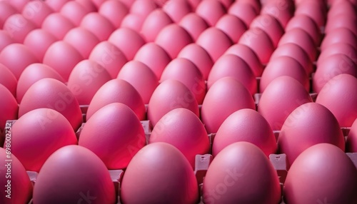  a large group of pink eggs sitting in a row on top of each other in a row on top of each other in a row on top of each other in an egg carton.