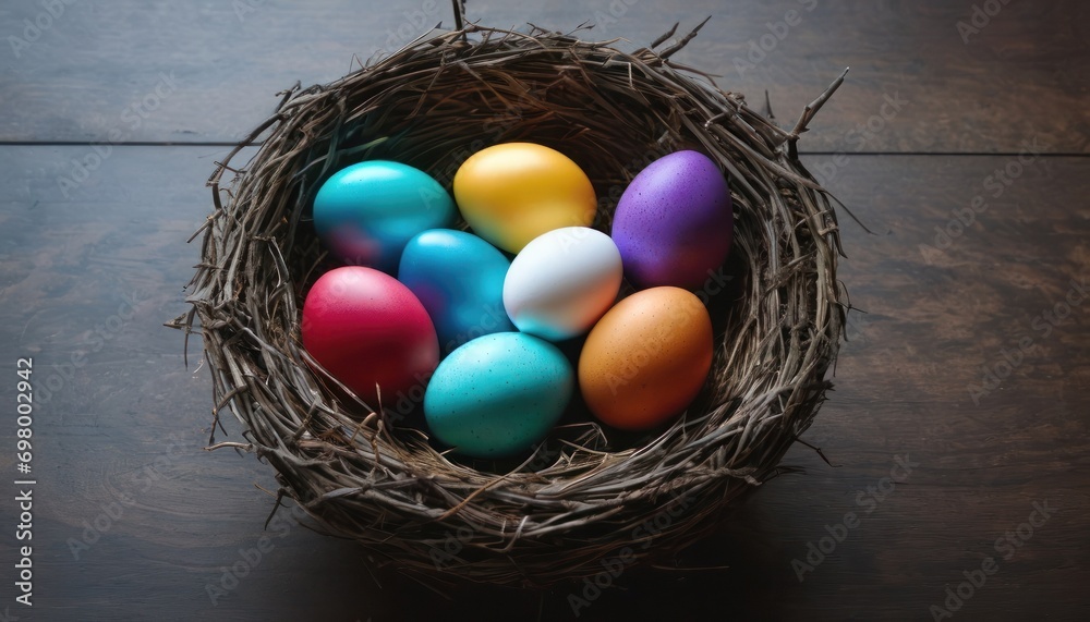 a nest filled with colored eggs sitting on top of a wooden table next to a cup of coffee on top of a table next to a pen and a pen. a nest filled with colored eggs sitting on top of a wooden table next to a cup of coffee on top of a table next to a pen and a pen.