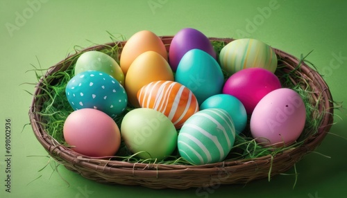  a basket filled with colorfully painted eggs on top of a green table next to a white dotty dotty dotty dotty dotty dotty dotty dotty dotty dotty dotty dotty dotty dot.
