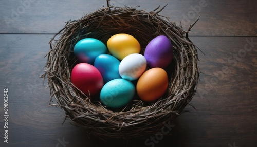  a nest filled with colored eggs sitting on top of a wooden table next to a cup of coffee on top of a table next to a pen and a pen.