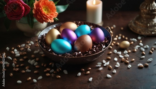  a bowl filled with eggs sitting on top of a table next to a vase with flowers and a candle on top of a table next to a vase with flowers.