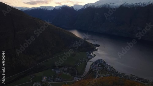 aerial view of Aurlandsfjord fjord during sunset at stegastein view point in norway