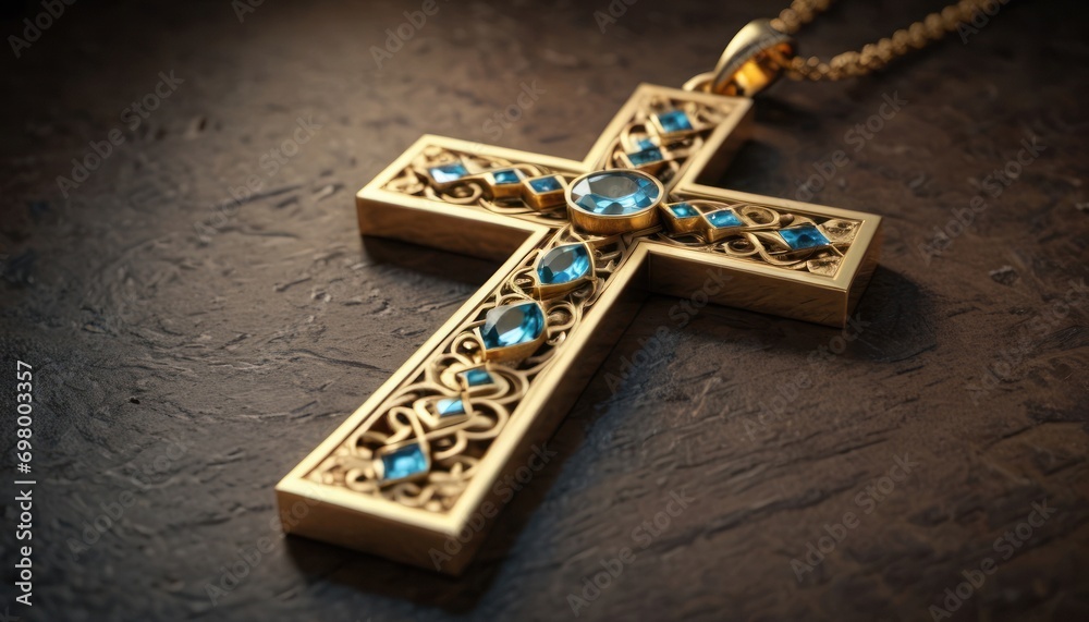  a close up of a cross with a chain on a dark surface with a light shining on the cross and a light shining on the cross on the other side of the cross.