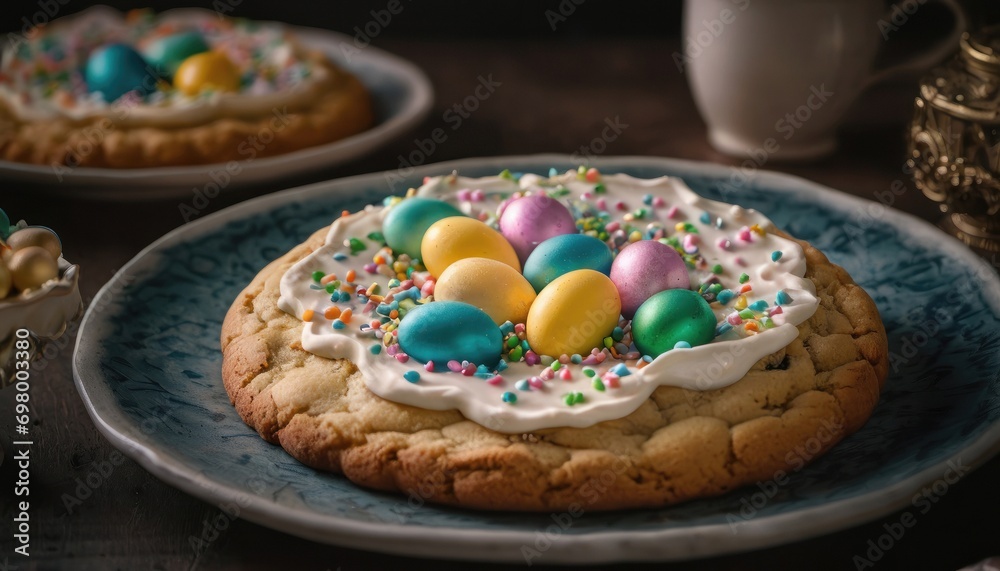 a close up of a cookie on a plate with eggs and sprinkles and a cup of coffee and a plate with a cookie on a wooden table. a close up of a cookie on a plate with eggs and sprinkles and a cup of coffee and a plate with a cookie on a wooden table.