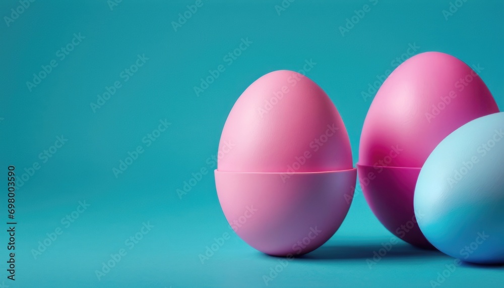  a group of three eggs sitting next to each other on a blue and pink background, with one egg in the middle of the group, and one egg in the middle of the other.