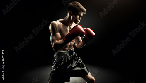 An image of a young, athletic boxer poised and ready for action, set against a black background, Generative AI