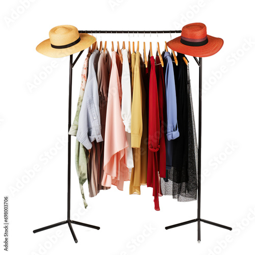 Wardrobe rack with different clothes and two hats