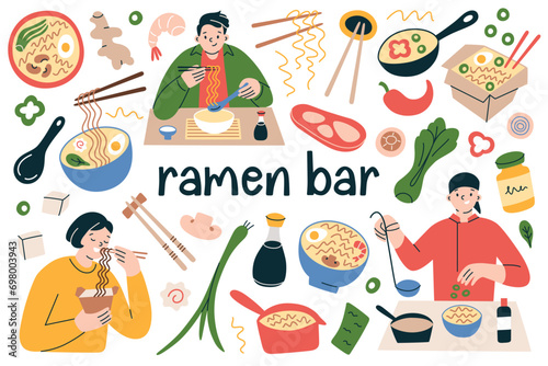 Ramen bar collection, people eating chinese noodle soup, vector illustrations of japanese cuisine, ramen ingredients with lettering, chopsticks and bowls doodles, healthy menu in korean restaurant