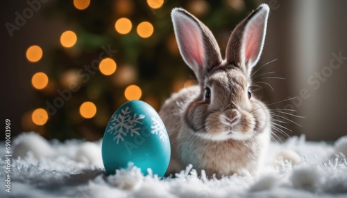  a rabbit sitting in front of a christmas tree with a snowflake ornament on it s side and a blue egg in the foreground with a snowflaked christmas tree in the background.