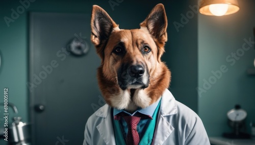  a close up of a dog wearing a lab coat and tie in a room with a sink and a clock on the wall behind the dog is looking at the camera.