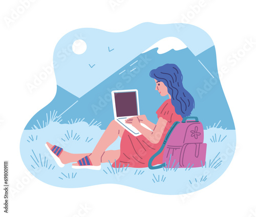 Freelance girl with a laptop in the mountains, vector illustration in simple flat style.