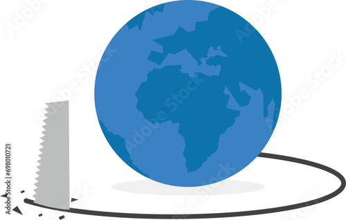 World economic crisis from war and geopolitical problem or threats, climate change or global warming destroying world concept, sawing globe to fall from the floor metaphor of danger and threats.

