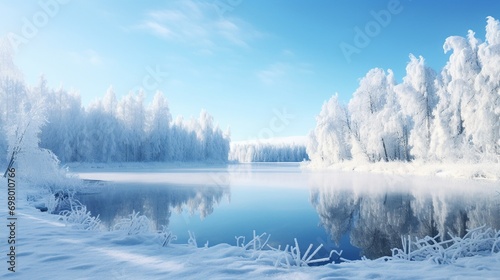 A frozen lake in the heart of winter, surrounded by snow-covered trees, with a clear, crisp sky overhead.