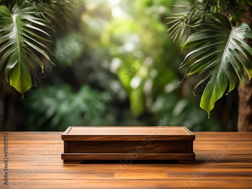 Wooden small podium with tropical leaves on blurred and closeup background 