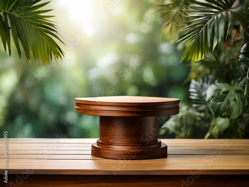 Wooden small podium with tropical leaves on blurred and closeup background 