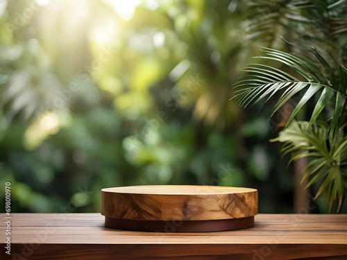 Wooden small podium with tropical leaves on blurred and closeup background 