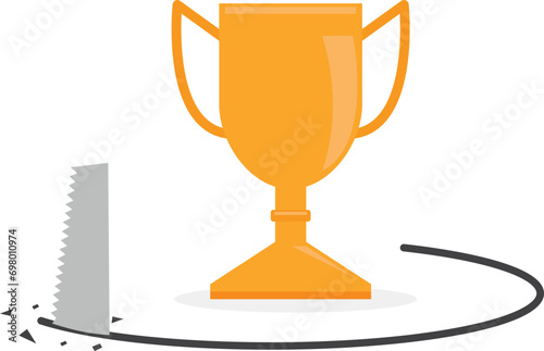 Success trap, problem with career or betrayal in business deal concept, success award trophy cup with competitor sawing floor underneath.

