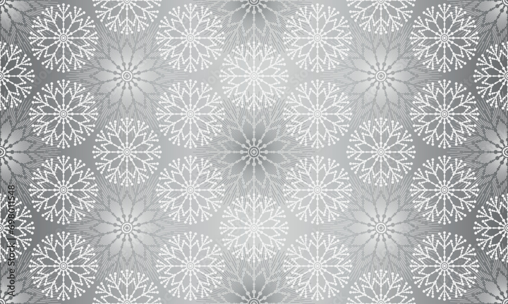 Vector Christmas geometric pattern with white lace snowflakes on silvery background