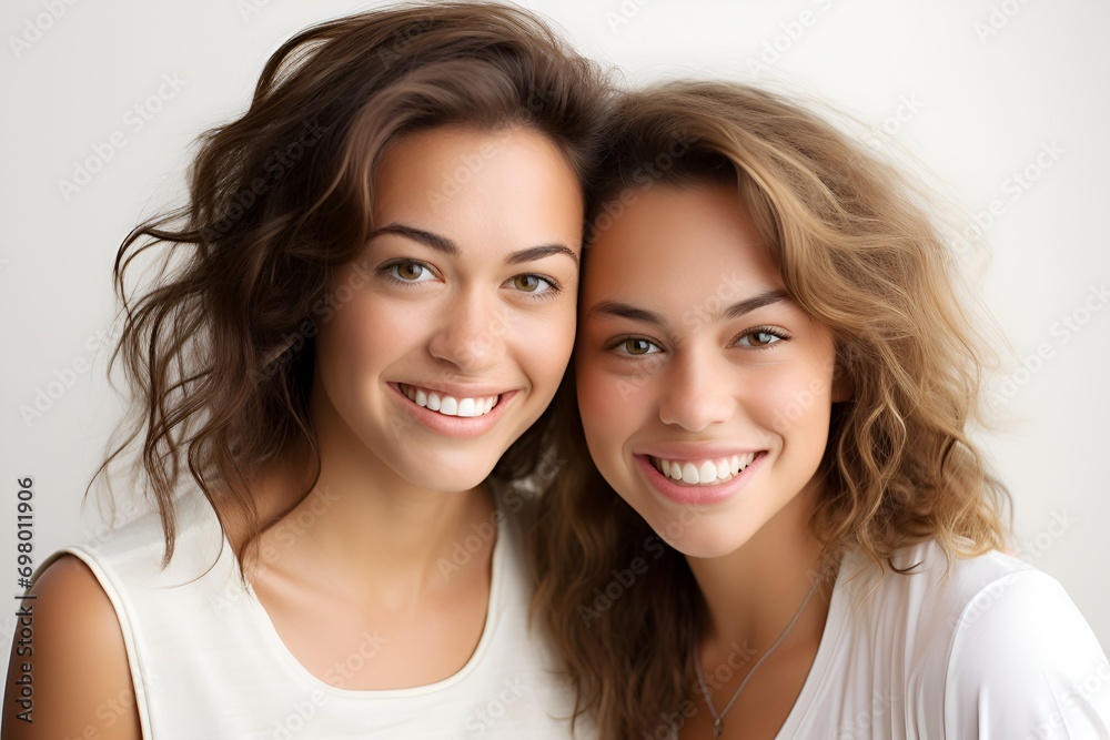 Two beautiful women mother and daughter together on a white background generated AI