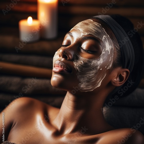 black afro american woman getting a facial treatment in a spa - welness beauty care