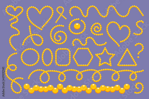 Collection of Golden beads. Set of garland in different shapes and frame for decoration. Gold chain vector illustration 