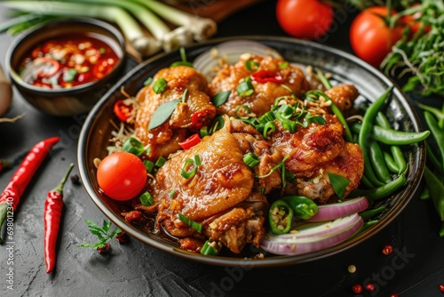Roast chicken with vegetables in a dark plate on a dark dark background.