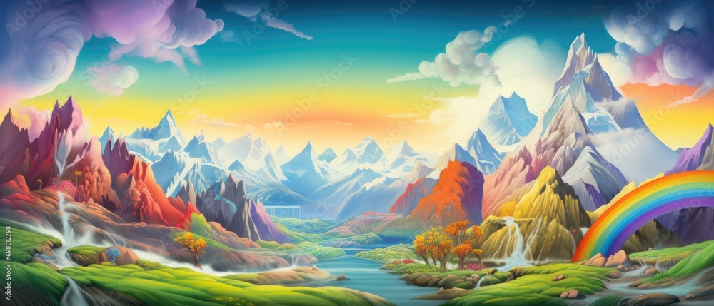 Fototapeta premium Vibrant fantasy landscape with mountains, rainbow, and waterfall. Illustration and creativity.