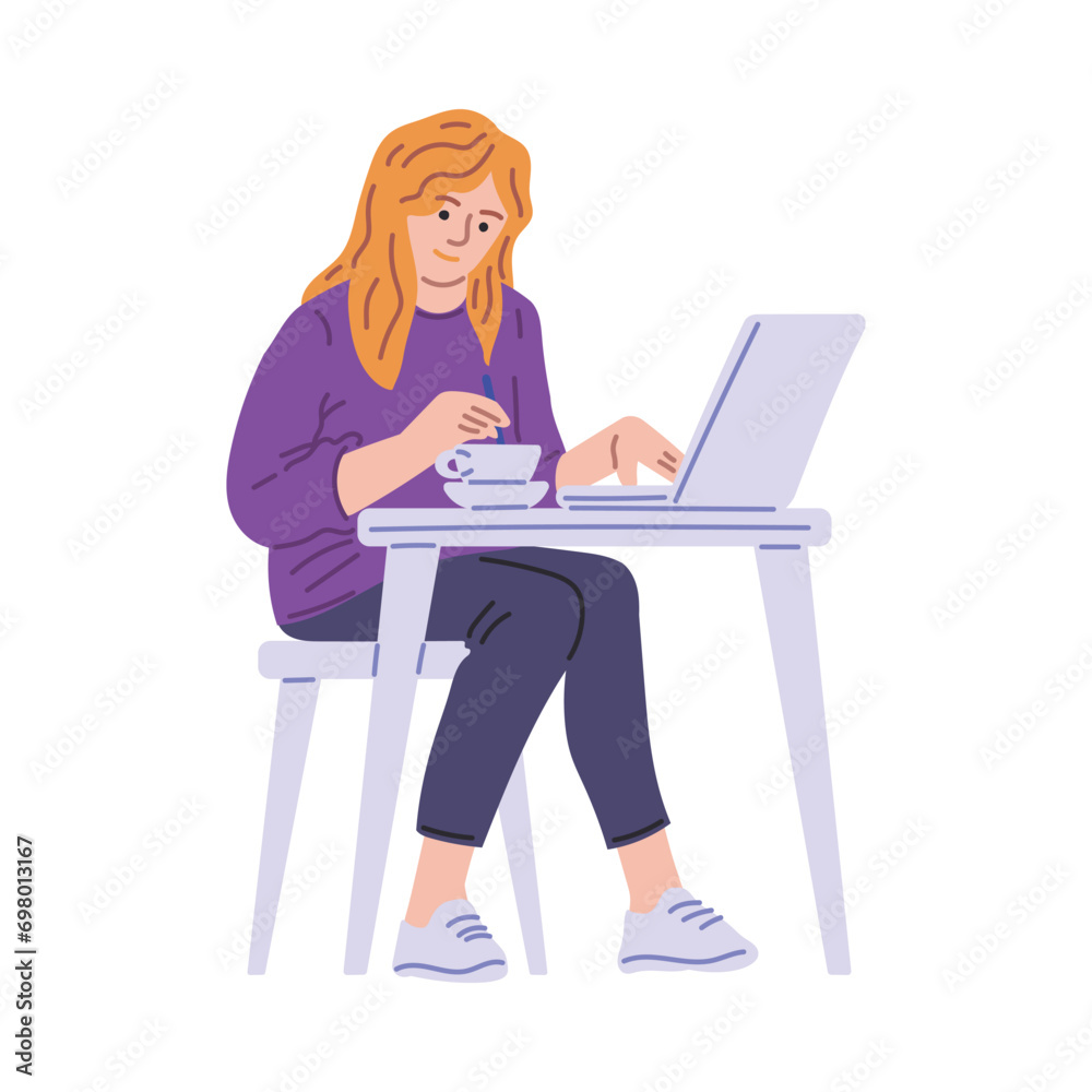 Freelance lifestyle benefits of remote job, freelancer woman enjoy working or studying at the laptop and snacking vector Freelance lifestyle benefits of remote job, freelancer woman enjoy working or studying at the laptop and snacking vector