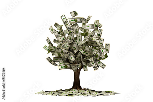 Money tree with dollars instead of leaves isolated on cut out PNG or transparent background. Concept of financial growth, passive income, dividends. Business growth is like tree growing leaves.