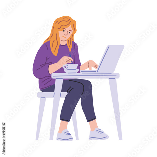 Freelance lifestyle benefits of remote job, freelancer woman enjoy working or studying at the laptop and snacking vector