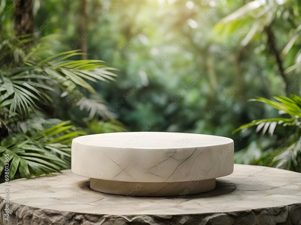 white Stone round small podium with tropical leaves on forest blurred and close-up background