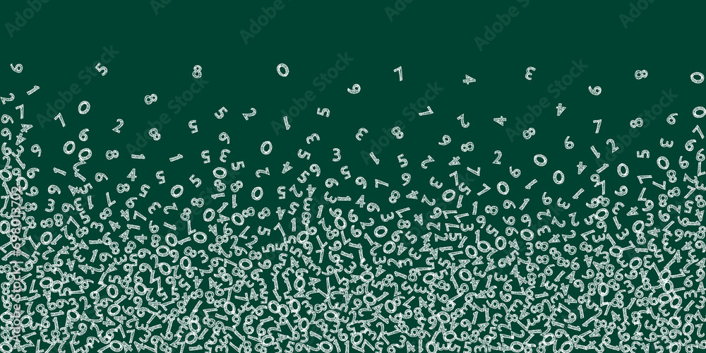 Falling handdrawn chalk numbers. Math study concept with flying digits. Immaculate back to school mathematics banner on blackboard background. Falling numbers illustration. - obrazy, fototapety, plakaty 
