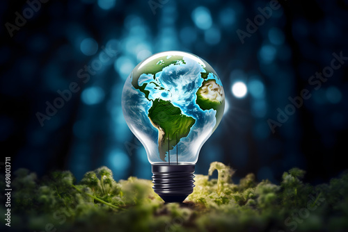 renewable energy light bulb with green energy, Earth Day or environment protection Hands protect forests that grow on the ground and help save the world, solar panels