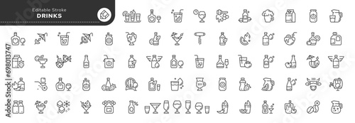 Set of line icons in linear style. Set - Drink. Lemonade, cocktail, wine, cold and hot, carbonated, alcoholic and non-alcoholic drinks. Outline icon collection. Conceptual pictogram and infographic.