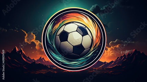 Football sport logo  isolated modern emblem with flying ball on sunset background  decorative club badge suitable for championship or team
