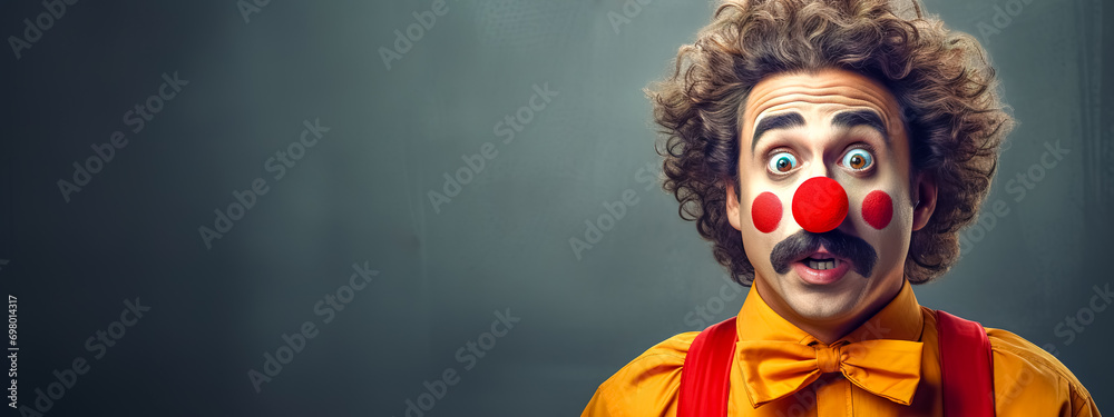 clown with an astonished expression, wearing a yellow shirt with a red bow, against a neutral background, capturing a moment of surprise or comedic shock - obrazy, fototapety, plakaty 